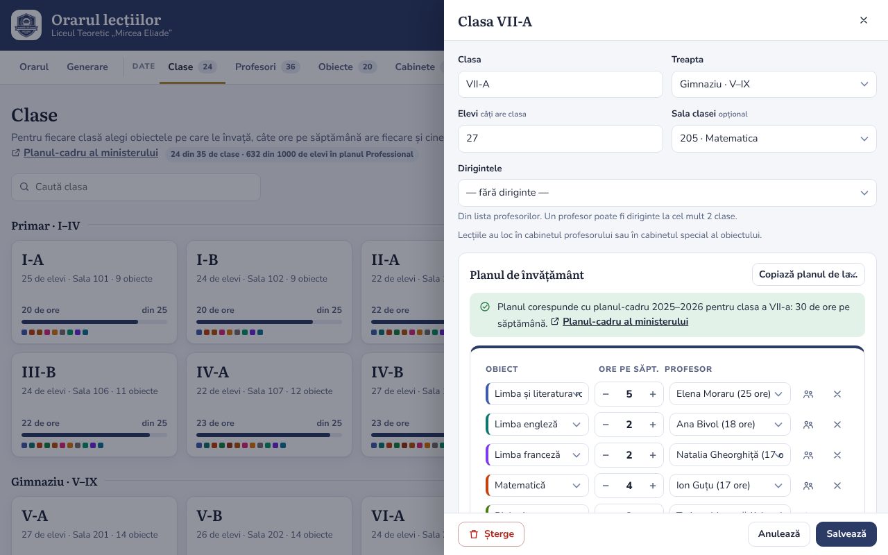 Planul clasei VII-A, verificat după planul-cadru